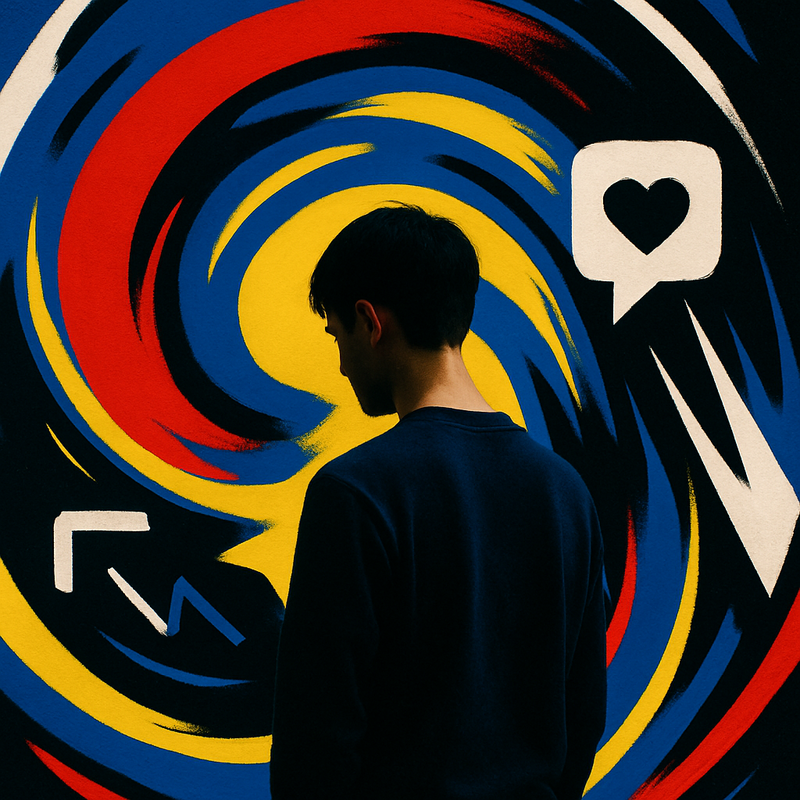 Een gestileerde foto met levendige primaire kleuren en sterke contrasten, die een figuur toont omringd door abstracte vormen die mode, social media en trends symboliseren, waarmee de uitdaging van het vinden van persoonlijke stijl te midden van externe invloeden wordt benadrukt.