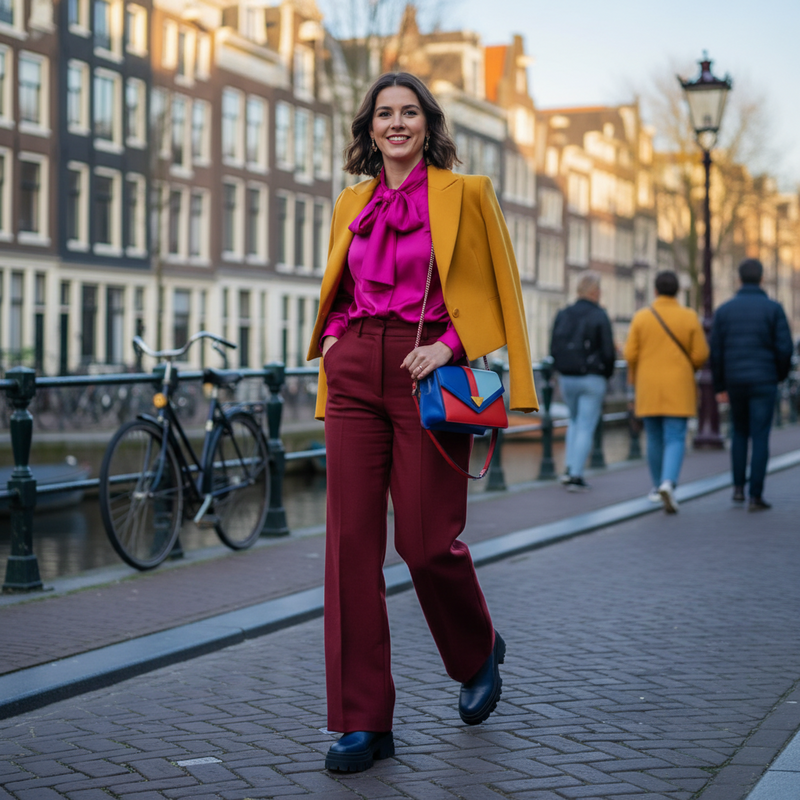 Een persoon in een fuchsia blouse en bordeauxrode pantalon loopt zelfverzekerd door een sfeervolle Nederlandse straat.