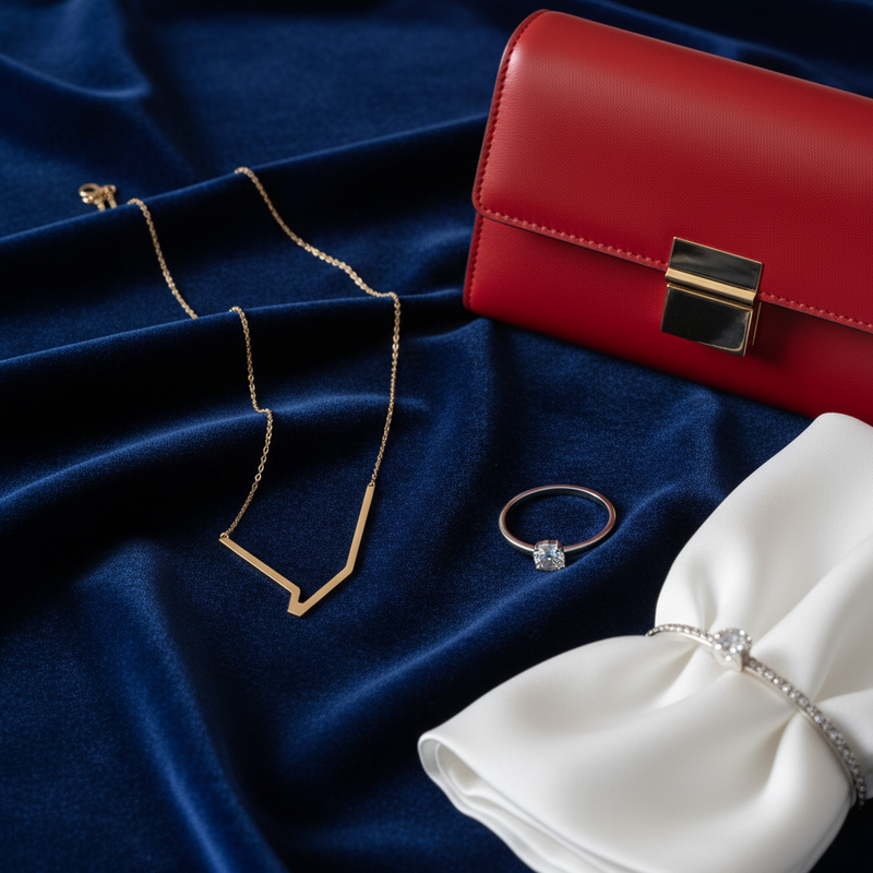 Een close-up van een selectie accessoires, waaronder een gouden minimalistische ketting op blauw fluweel, een rode leren clutch, een zilveren ring en witte zijde, die de rol van detail in gelegenheidskleding benadrukken.