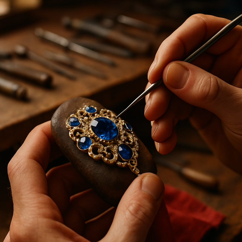 Een close-up van handen die zorgvuldig aan een gedetailleerd gouden sieraad met blauwe edelstenen werken, omringd door klassieke juweliersgereedschappen in een zacht verlicht atelier.