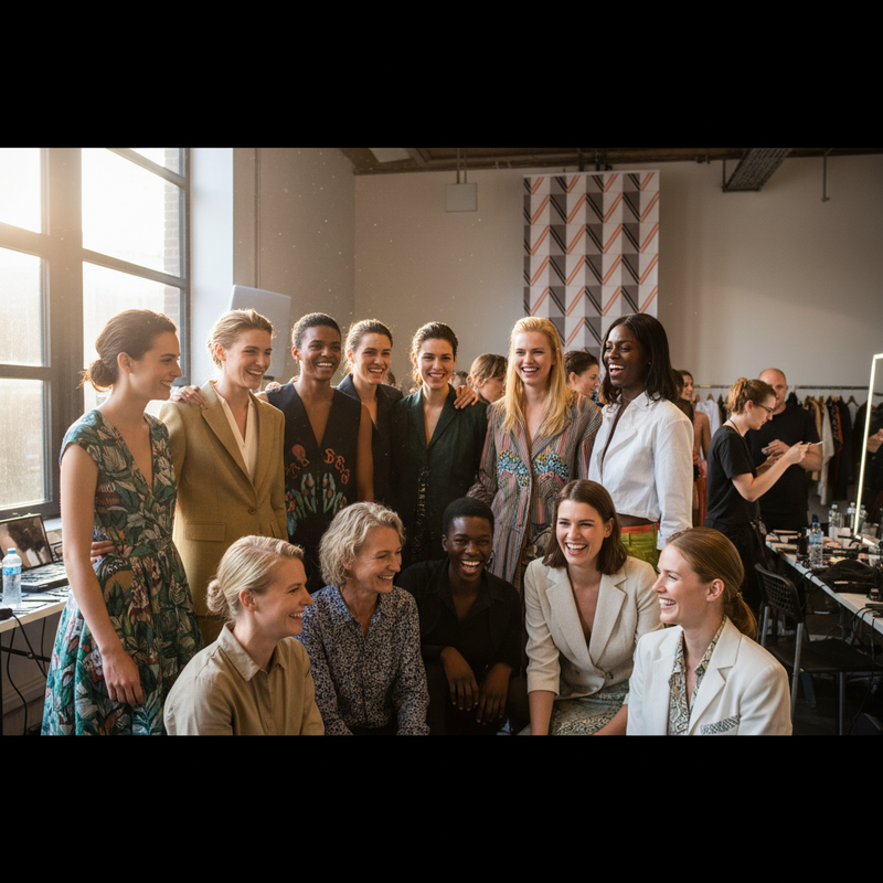 Groep diverse modellen van verschillende leeftijden, huidskleuren en lichaamstypes samen backstage bij modeshow