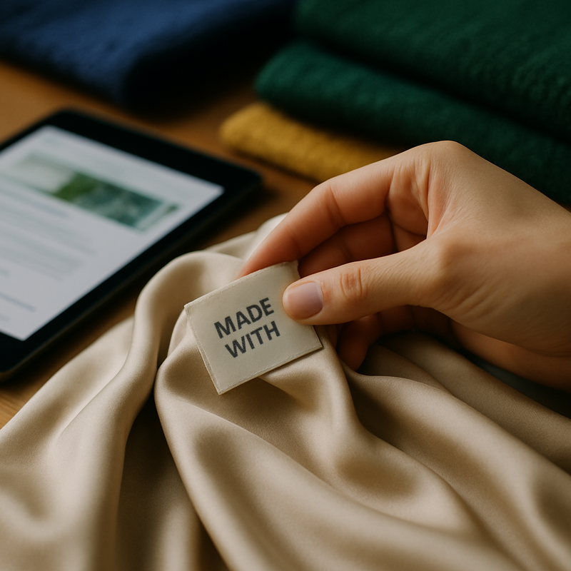 Een hand inspecteert een duurzaam label van een luxe kledingstuk, met op de achtergrond een tablet en rijke stoffen die onderzoek en kwaliteit symboliseren.