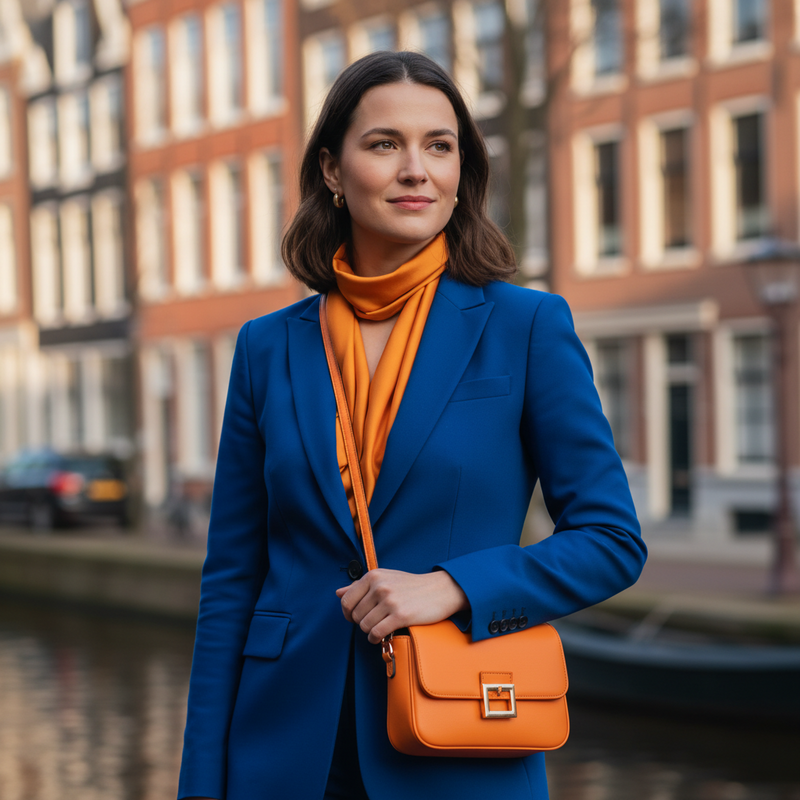 Een persoon met een lichte huid draagt een kobaltblauwe trui en een oranje sjaal, met een zachte stedelijke achtergrond, en demonstreert een levendig contrast van complementaire kleuren.