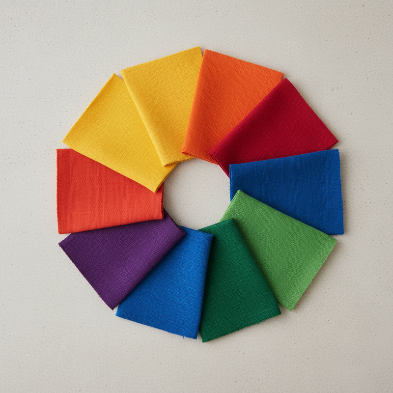 Een heldere flat lay foto van een kleurenwiel, opgebouwd uit zes stofstalen in primaire en secundaire kleuren op een lichte achtergrond.