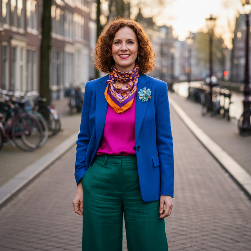 Een glimlachende vrouw draagt een stijlvolle outfit met een helderblauwe blazer, fuchsia top en smaragdgroene broek. Ze heeft een kleurrijke vintage sjaal en broche. De achtergrond is zacht vervaagd.