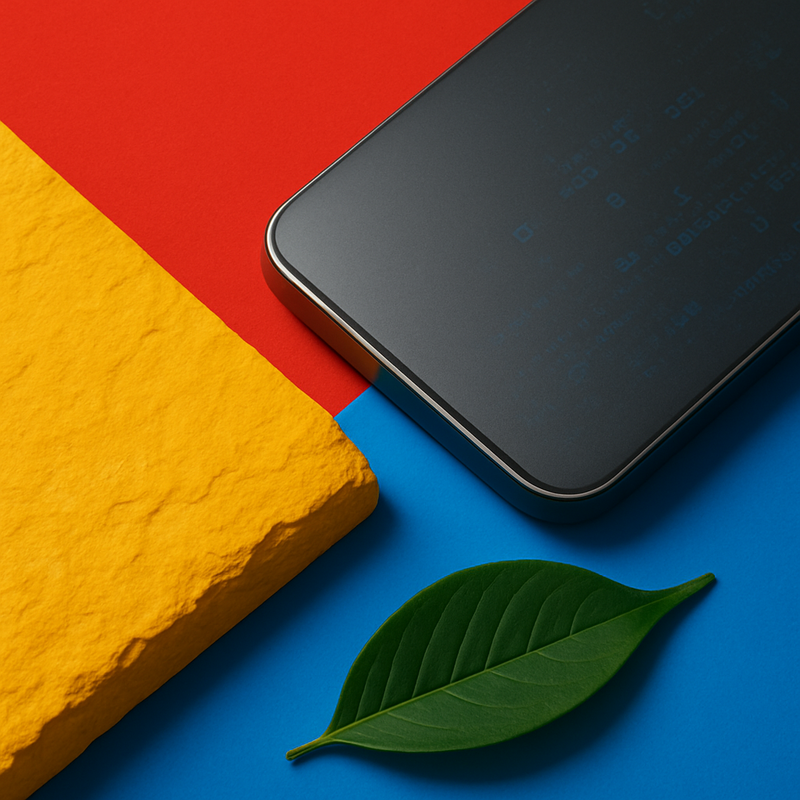 Een minimalistische afbeelding die de fusie van moderne technologie, ethische duurzaamheid en traditioneel vakmanschap in de luxe-industrie symboliseert, met felle kleuren en een scherp contrast. Elementen van natuurlijke materialen en digitale patronen zijn subtiel verweven.