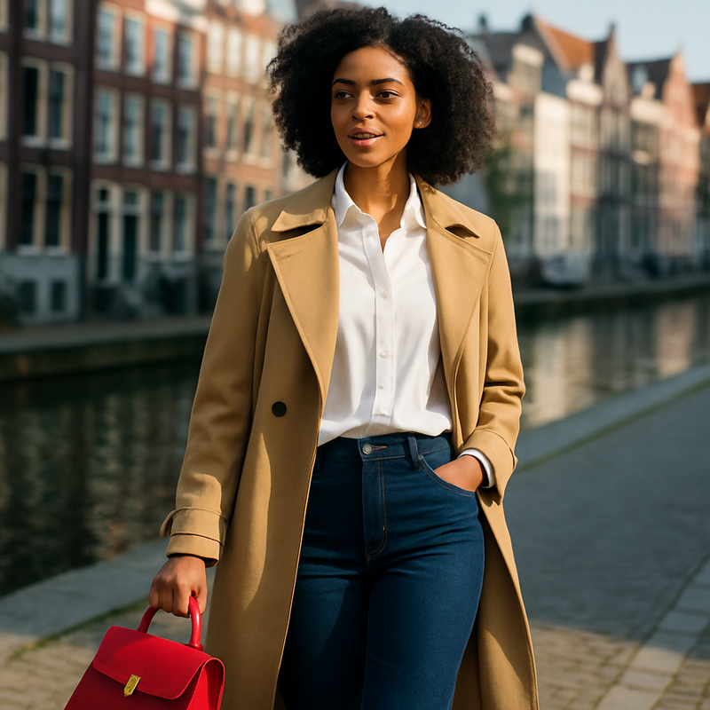 Een stijlvolle vrouw met een klassieke designerhandtas over haar arm, gekleed in een spijkerbroek, witte blouse en een beige trenchcoat, loopt ontspannen langs een gracht in een Nederlandse stad.