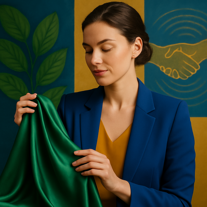 Een elegante vrouw met natuurlijke make-up en een verfijnde stijl raakt een zacht, duurzaam ogend groen zijden textiel aan. Op de onscherpe achtergrond zijn vage, abstracte vormen te zien die een bloeiende natuur, onderlinge verbondenheid en een positieve impact symboliseren, in levendige kleuren.