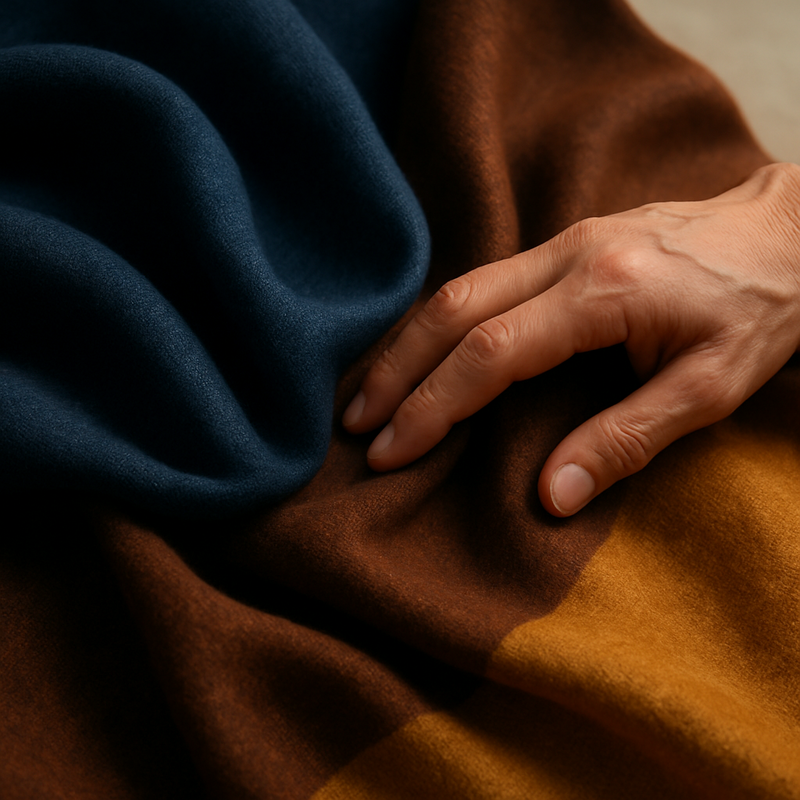 Een close-up foto van een hand die voorzichtig een stuk hoogwaardige, rijk gekleurde stof met subtiele textuur aanraakt. De stof heeft een luxueuze uitstraling en de achtergrond is vaag, wat de focus op het materiaal en de aanraking legt.