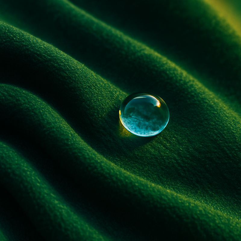 Een close-up van een diepgroene, luxueuze stof met een subtiele textuur, waarop een glanzende waterdruppel rust die het omringende landschap reflecteert.