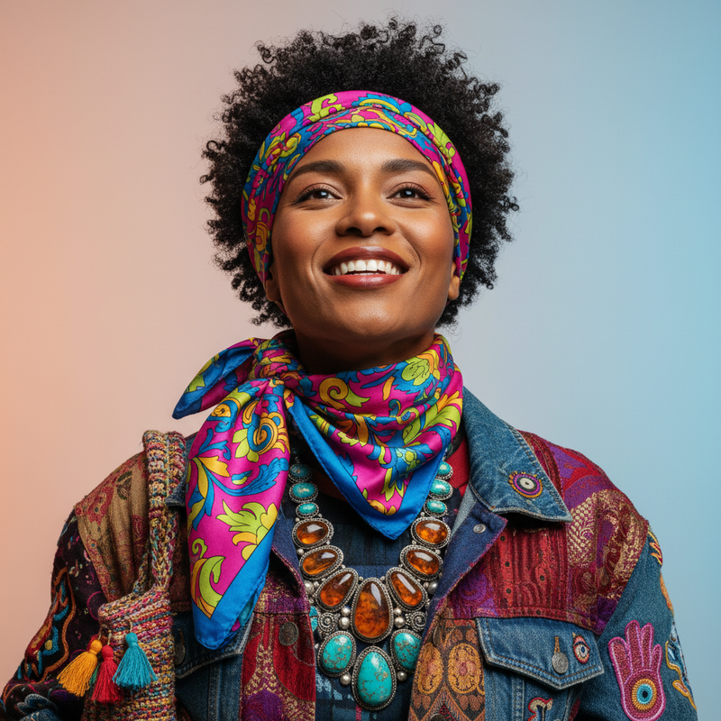 Een close-up van een persoon met een diverse achtergrond, gekleed in een levendige, expressieve outfit met een rijk patroon en opvallende accessoires. De focus ligt op de kledingdetails die individualiteit en culturele betekenis uitstralen.