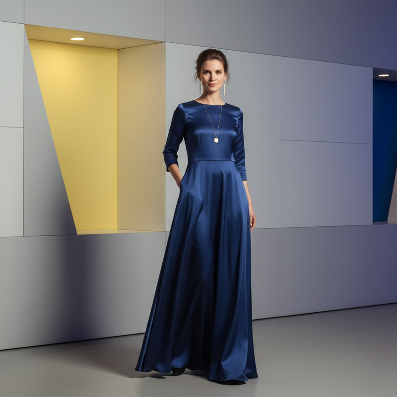 Een stijlvol geklede vrouw draagt een elegante, diepblauwe zijde-blend jurk met een verfijnde textuur. Ze staat in een modern en licht interieur, haar houding is zelfverzekerd. Een minimalistisch gouden collier met een klein detail siert haar hals. De jurk heeft een perfecte pasvorm, benadrukt de lichaamsvorm zonder te strak te zijn. De focus ligt op de kwaliteit van de stof en de subtiele elegantie van de outfit, wat de moderne interpretatie van een dresscode benadrukt.