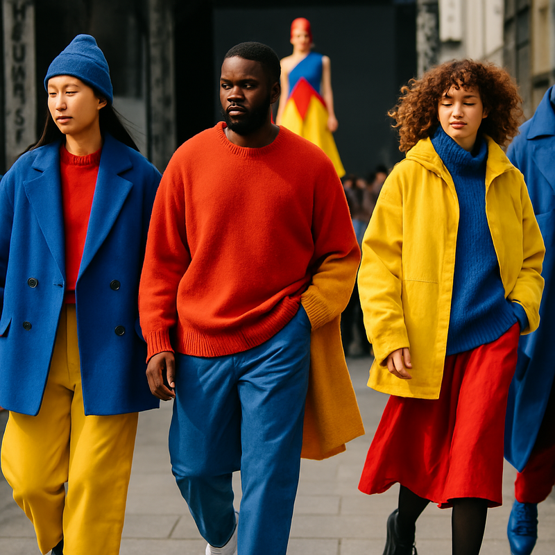 Een artistieke afbeelding die de overgang van exclusieve catwalkmode naar toegankelijke straatstijl weergeeft. Een model op de catwalk toont conceptuele kledingstukken, terwijl op de voorgrond diverse mensen in stedelijke kleding trendy interpretaties dragen. De kleuren zijn helder en contrasterend, en de compositie benadrukt de evolutie van modetrends.
