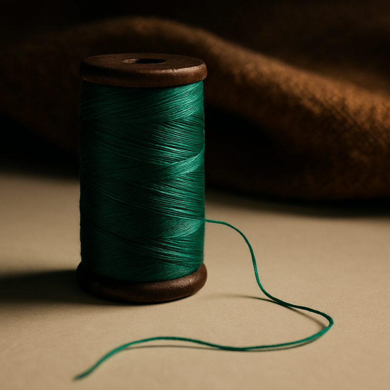 Een close-up van een spoel levendig emeraldgroen garen dat sierlijk afrolt op een lichte achtergrond. In de wazige achtergrond is een subtiele textuur van een geweven natuurlijke stof te zien.