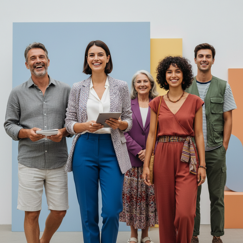 Een diverse groep mensen van verschillende leeftijden en achtergronden toont hun persoonlijke stijl, passend bij diverse gelegenheden en levensfasen, straalt zelfvertrouwen en comfort uit in kleurrijke kleding.