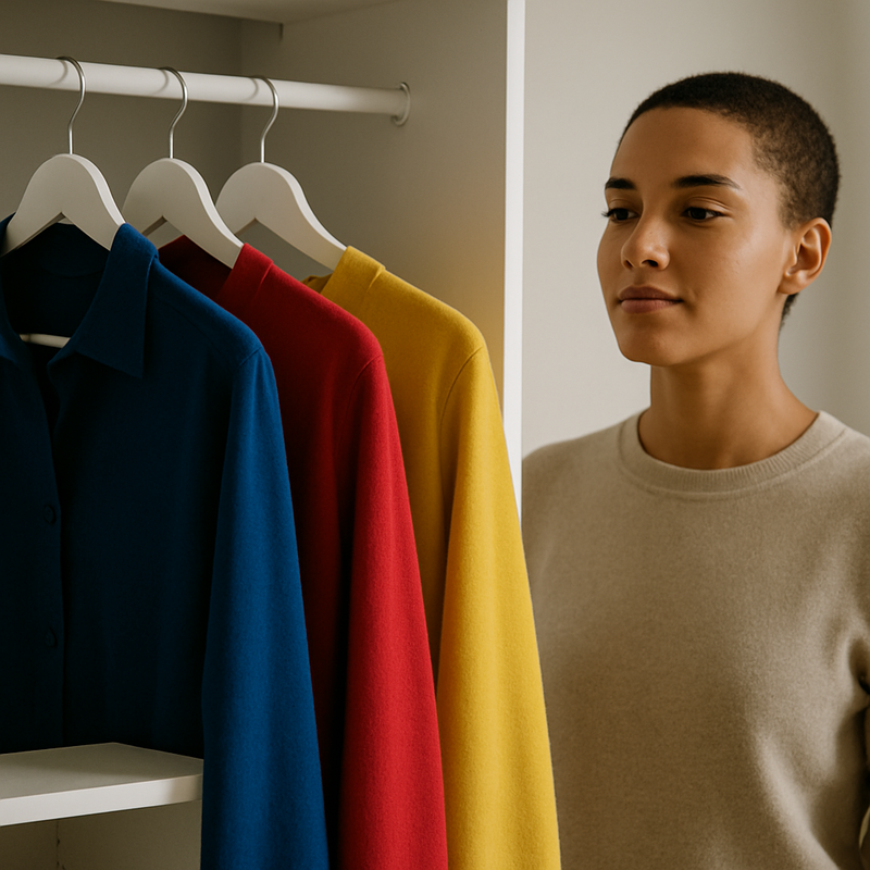 Een overzicht van een opgeruimde garderobe met enkele kledingstukken in primaire kleuren, wat bewuste en duurzame modekeuzes suggereert.