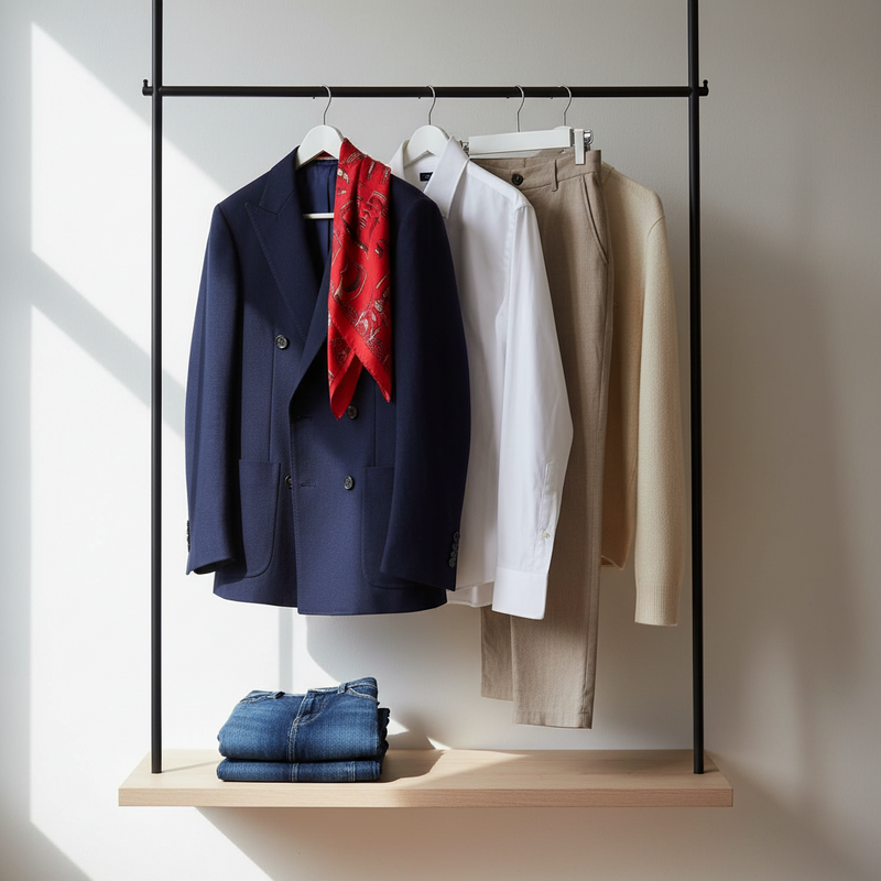 Een georganiseerde presentatie van een capsule garderobe met een donkerblauwe blazer, een witte blouse, een beige broek, een rode sjaal en een grijs T-shirt, elegant gerangschikt om veelzijdigheid en kwaliteit te tonen.