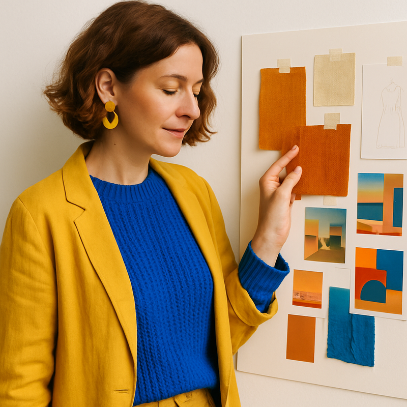 Een vrouw staat voor een moodboard, denkend over haar persoonlijke stijl, gekleed in een comfortabele en zelfverzekerde outfit in primaire kleuren.