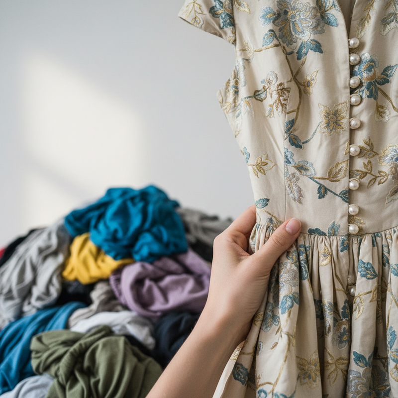 Close-up van een hand die een enkel, kwalitatief kledingstuk vasthoudt, met een stapel minder onderscheidende kledingstukken vaag op de achtergrond, wat een bewuste keuze voor duurzame mode symboliseert.