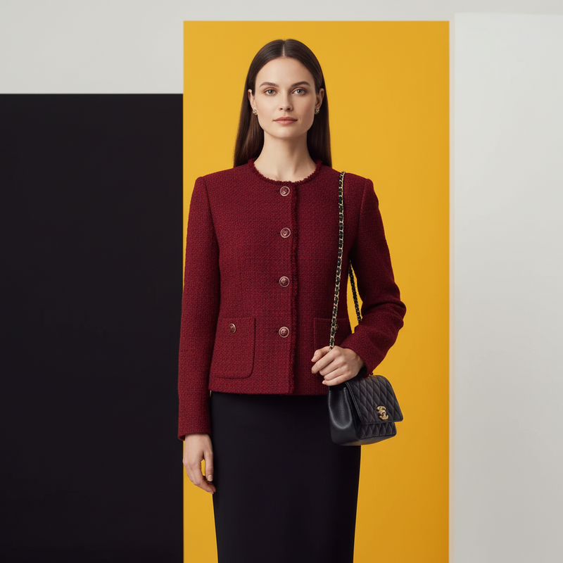 Een fotografisch portret van een vrouw gekleed in een levendige rode tweed jas en een zwarte rok, met een zwarte gewatteerde schoudertas en een zelfverzekerde uitstraling, tegen een minimalistische achtergrond met contrasterende kleuren.