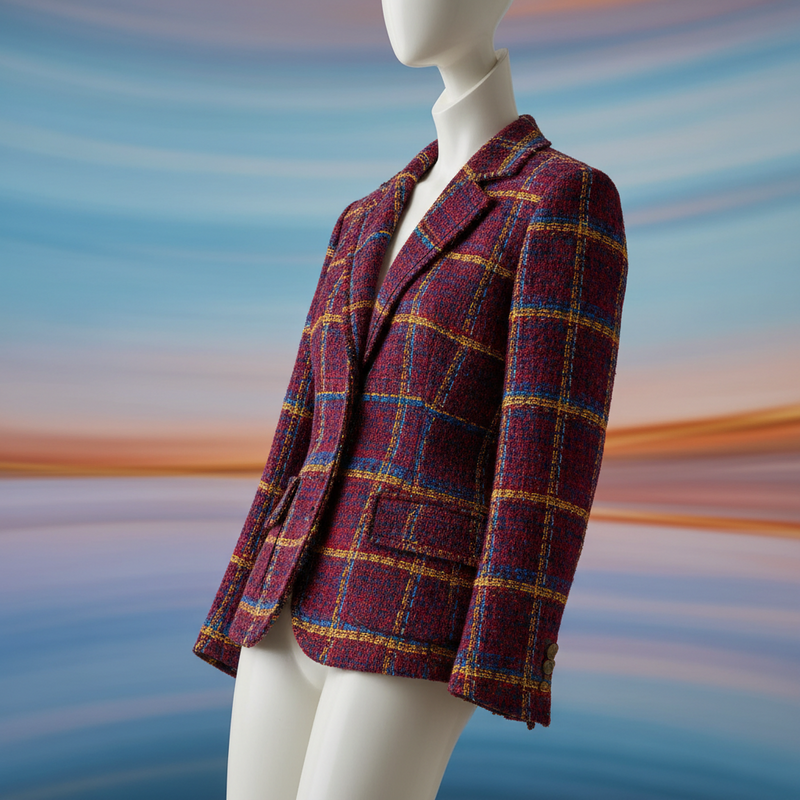 Een kunstzinnige, kleurrijke foto van een klassieke Chanel tweed jas, uitgevoerd in levendige primaire kleuren zoals rood, blauw en geel, tegen een abstracte achtergrond die moderniteit suggereert.