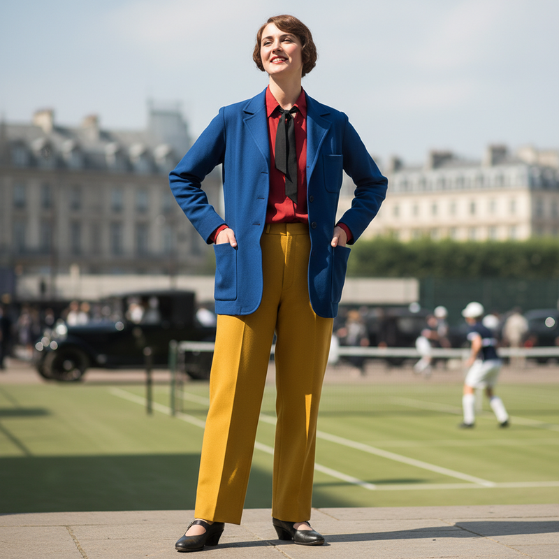 Een elegante vrouw in vroege 20e-eeuwse kleding, met een soepele jersey jurk of pak, staat zelfverzekerd en vrij. Ze is ontdaan van het knellende corset en haar kleding straalt functionaliteit en bewegingsvrijheid uit.