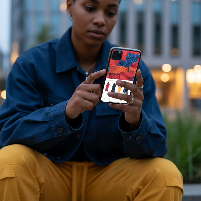 Een stijlvol persoon van diverse afkomst houdt een smartphone vast, reflecterend op mode-inspiratie op sociale media. De achtergrond is kleurrijk en onscherp, wat de verschuiving naar toegankelijke, digitale mode-invloed symboliseert.