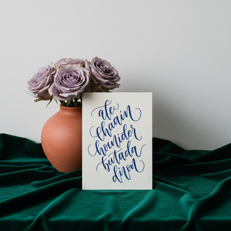 Een stillevensfoto met een modern bruiloftskleurenpalet: smaragdgroen fluweel, een saffierblauwe uitnodiging, lavendelrozen en een terracottakleurige vaas op een strakke achtergrond.