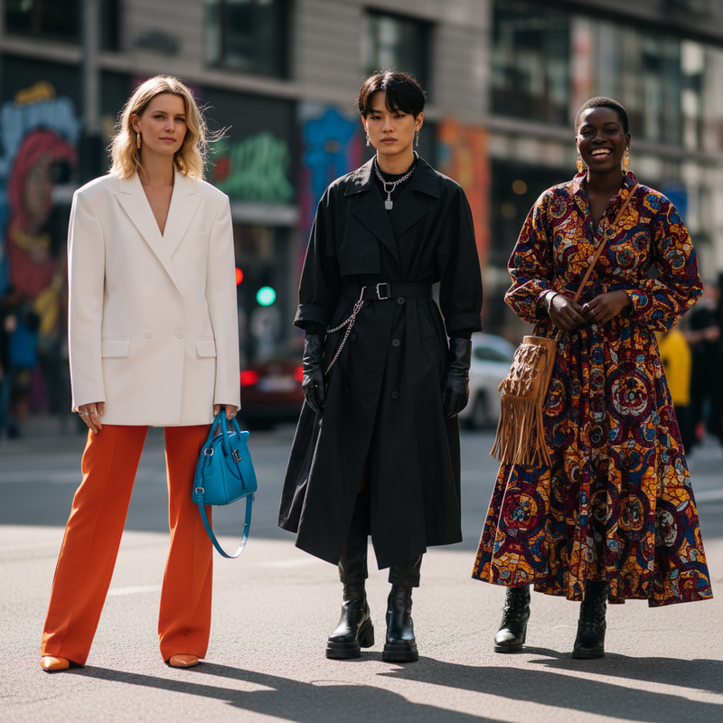 Drie mensen in modieuze street style outfits die de diversiteit van globale mode laten zien. Een persoon in een Scandi-chic outfit met minimalistische lijnen en een felle accessoire. Een andere persoon in een K-pop-geïnspireerde, gelaagde outfit met gedurfde kleuren en asymmetrische elementen. Een derde persoon draagt een outfit met levendige Afrikaanse prints en moderne snit. De achtergrond is een stedelijke omgeving.