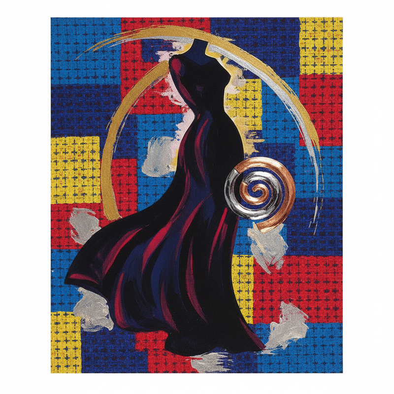 Een artistieke, abstracte foto die verschillende iconische mode-elementen combineert, zoals een klassieke zwarte jurk, een tweedpatroon, en glamoureuze make-up, tegen een achtergrond van levendige primaire kleuren. Het symboliseert de tijdloze invloed van historische stijliconen.