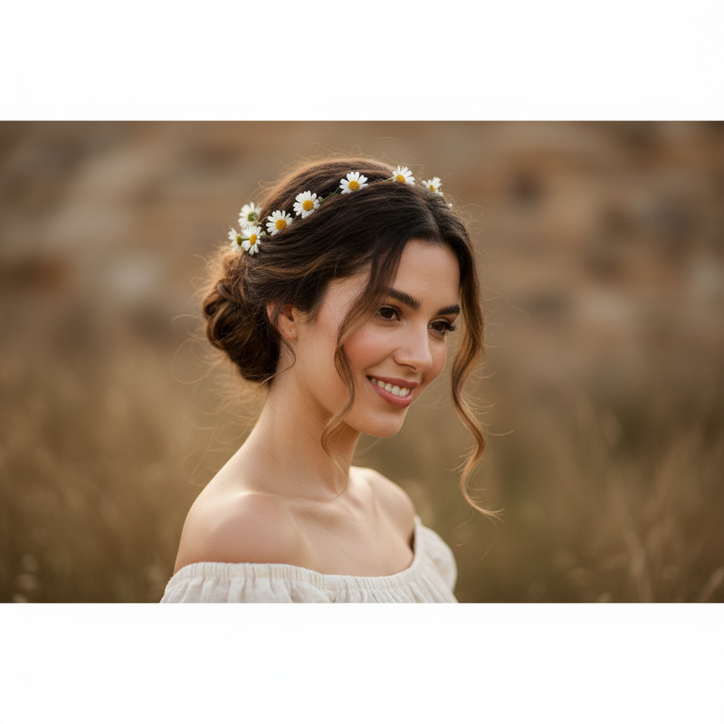 Vrouw met romantische lage knot en zachte golven versierd met bloemen, moderne bruidsstijl