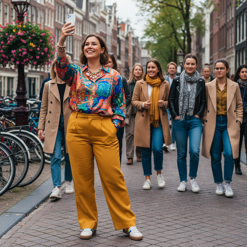 Vrouw met maatje meer filmt mode-content op straat in Amsterdam, kleurrijke outfit, smartphone in hand