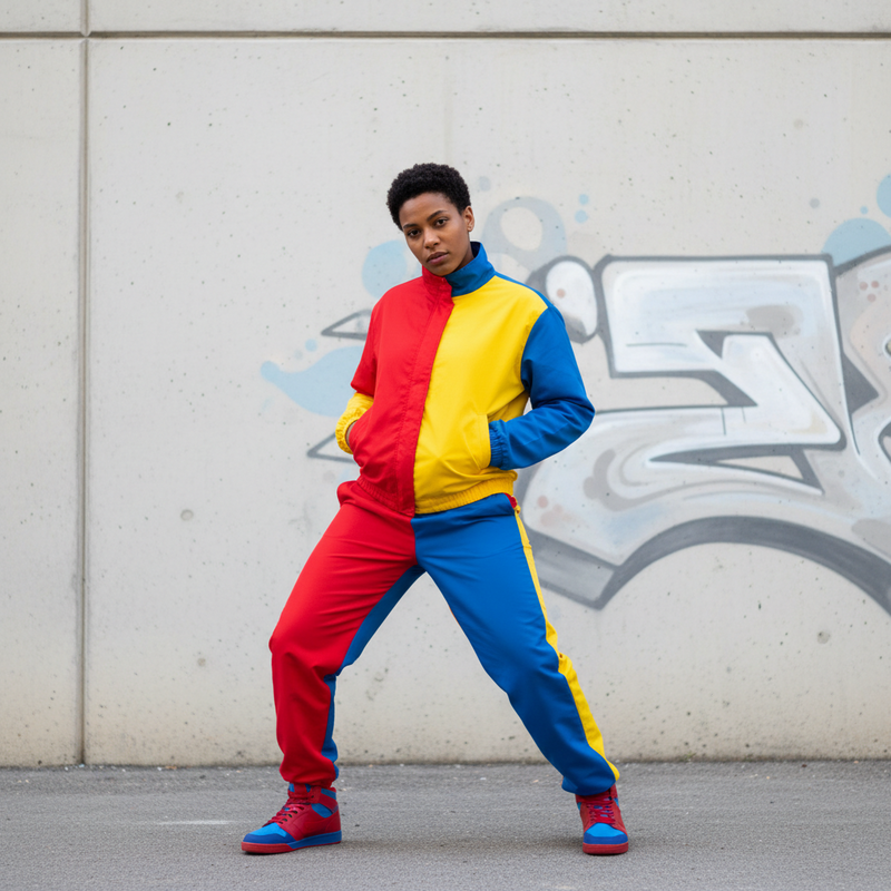 Een persoon in een dynamische pose, gekleed in een outfit met color blocking in felrood, geel en elektrisch blauw, tegen een stedelijke achtergrond.
