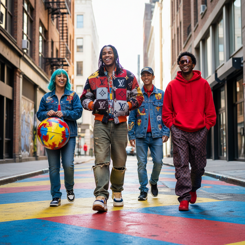 Een groep jonge, modieuze mensen met diverse achtergronden in kleurrijke, hedendaagse Louis Vuitton-kleding, staand op een levendige stedelijke straat. De foto benadrukt de dynamische mix van luxe en street style.