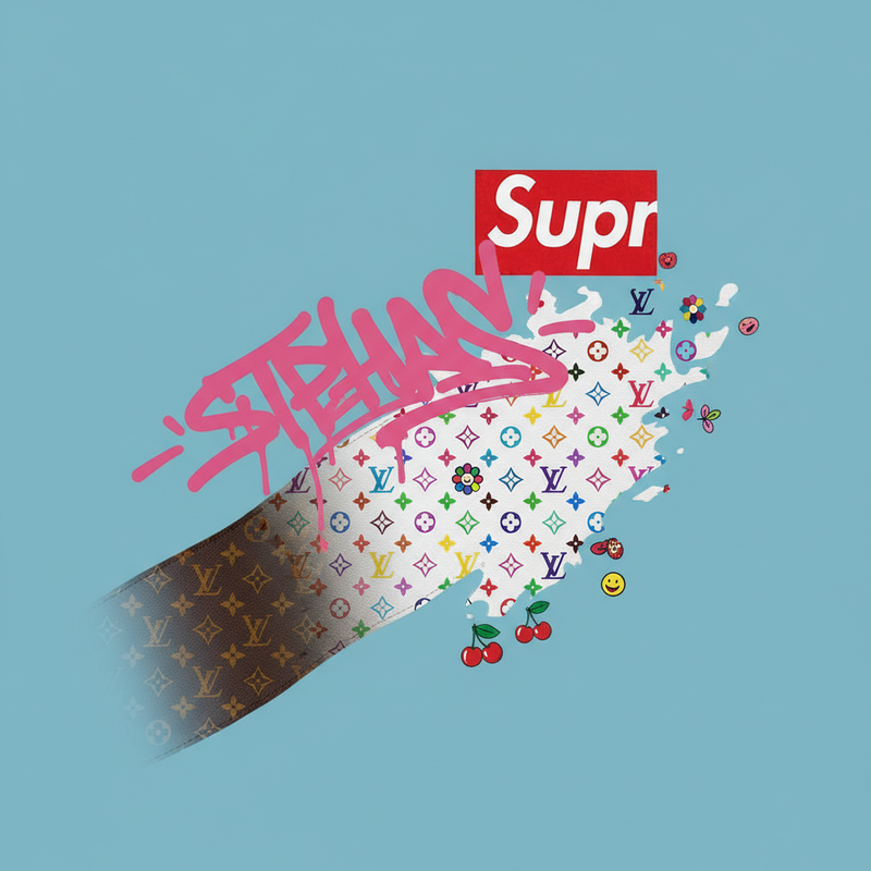 Een fotografische collage die de Louis Vuitton monogram canvas toont, samensmeltend met de graffiti-prints van Stephen Sprouse, de multicolore ontwerpen van Takashi Murakami en de herkenbare rood-witte elementen van de Supreme-collectie. De afbeelding is kleurrijk en dynamisch.