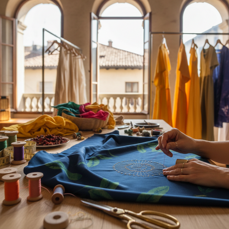 Een close-up van handen die zorgvuldig werken met duurzame stof, met een focus op traditioneel vakmanschap in een moderne context. De achtergrond toont vage contouren van een Milanese omgeving.