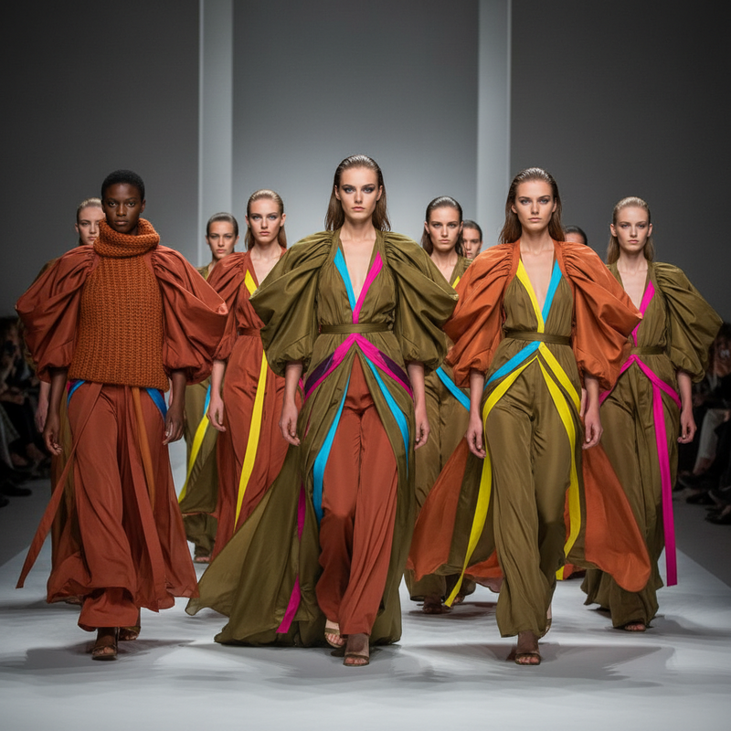 Een dynamische foto van een catwalk tijdens Milan Fashion Week, waarop modellen van verschillende etniciteiten en lichaamstypen te zien zijn. De kledingstukken hebben overdreven volumes en combineren aardetinten met levendige kleuraccenten, gemaakt van getextureerde breisels en vloeiende zijden stoffen.