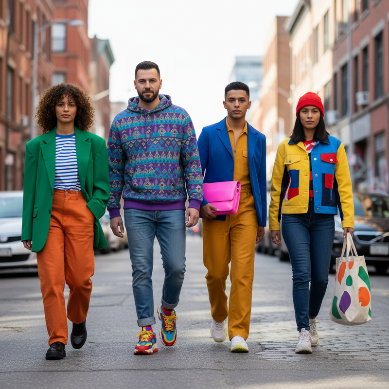 Een groep jonge mensen met diverse achtergronden, gekleed in levendige street style outfits. De outfits tonen gedurfde kleurcombinaties zoals een felgroene blazer, oranje broek en neonroze tas, die samen een persoonlijk en expressief kleurpalet vormen.