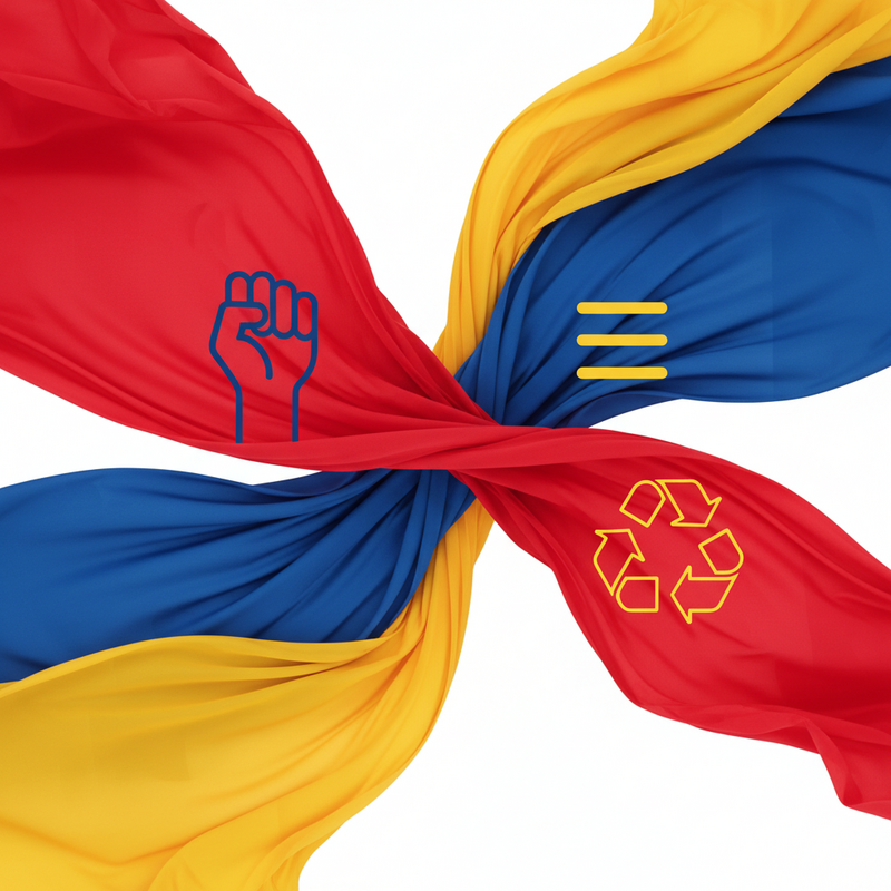 Een artistieke afbeelding die mode-elementen zoals kleurrijke stoffen combineert met symbolen van sociale rechtvaardigheid en duurzaamheid, in een levendige stijl met veel contrast en primaire kleuren.