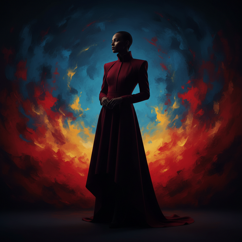 Een stilistisch beeld van een persoon in een opvallend silhouet tegen een achtergrond van levendige primaire kleuren, die originaliteit en een visionaire blik symboliseert.