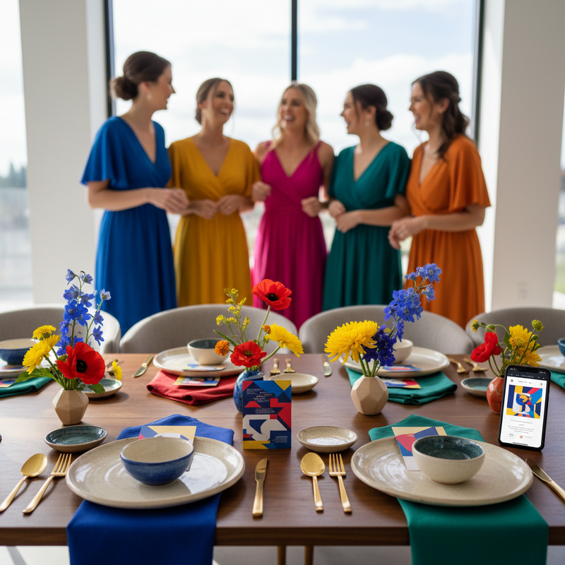 Een kleurrijke foto van een bruiloftstafel met bijpassend servies, bloemstukken en een uitnodiging, met op de achtergrond bruidsmeisjes in complementaire jurken. Een smartphone toont een digitale uiting van het kleurenpalet.