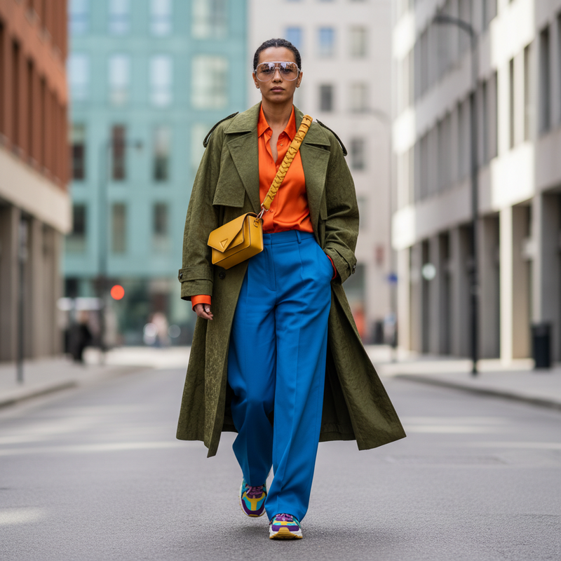 Een persoon met een diverse achtergrond loopt zelfverzekerd in een stedelijke omgeving, gekleed in een modieuze outfit. Ze dragen een klassieke blazer over comfortabele broek met kleurrijke sneakers, wat een mix van hoog, laag, comfort en chic illustreert. De foto is helder, kleurrijk en focust op de kleding en houding van de persoon.
