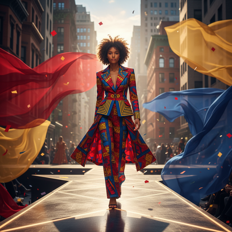 Een dynamische foto van een diverse model op een gestileerde catwalk, met op de achtergrond abstracte elementen die de architectuur van New York en vloeiende stoffen in primaire kleuren voorstellen, wat de culturele fusie en innovatie van NYFW symboliseert.