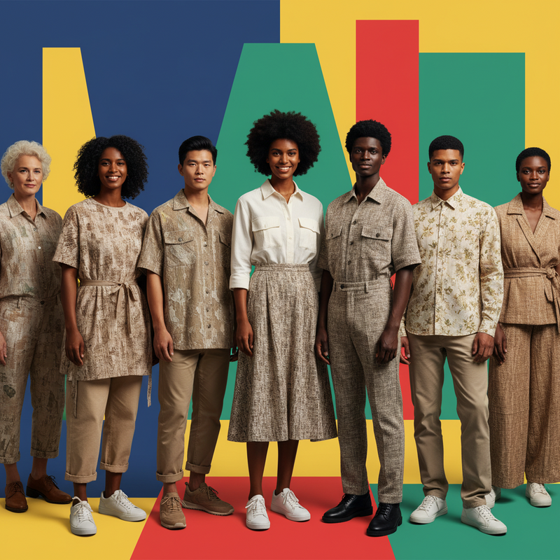 Een kleurrijke foto toont diverse modellen van verschillende leeftijden, etniciteiten en maten, die samen staan en kleding dragen van duurzame materialen, tegen een minimalistische achtergrond met primaire kleuren en contrasten.