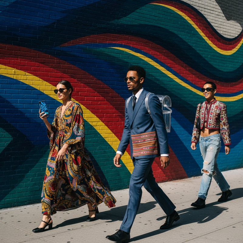 Een foto van stijlvolle mensen op straat tijdens NYFW, met een smartphone en een kleurrijke muurschildering op de achtergrond. De kleding en de digitale activiteit symboliseren de wereldwijde invloed van mode en de rol van sociale media.