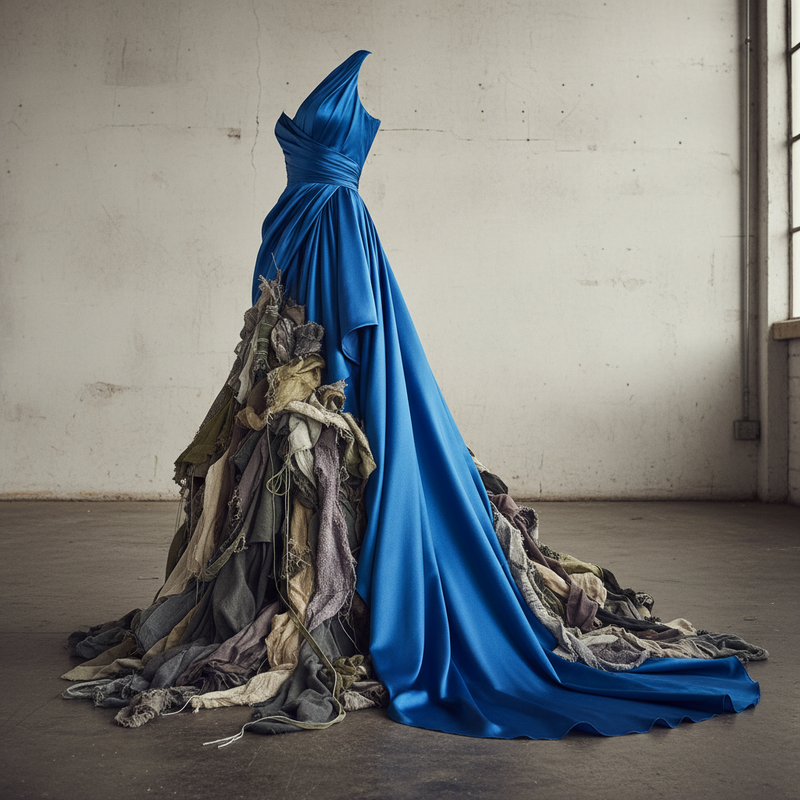 Een luxueuze, felblauwe avondjurk ligt sierlijk maar ongebruikt op een hoop grijze, verfrommelde stofresten in een strakke, industriële omgeving, symboliserend de verspilling in de mode-industrie.