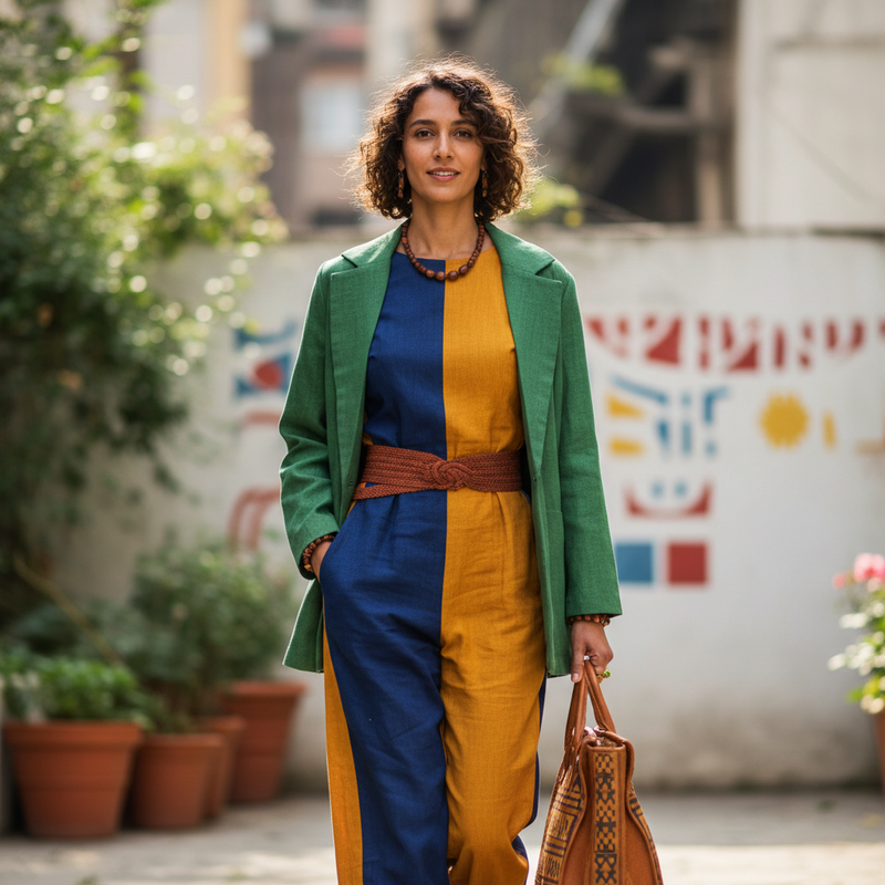 Een diverse persoon loopt zelfverzekerd, gekleed in stijlvolle, duurzame kleding. De achtergrond is kleurrijk en minimalistisch, wat de nadruk legt op authenticiteit en ethische modekeuzes.