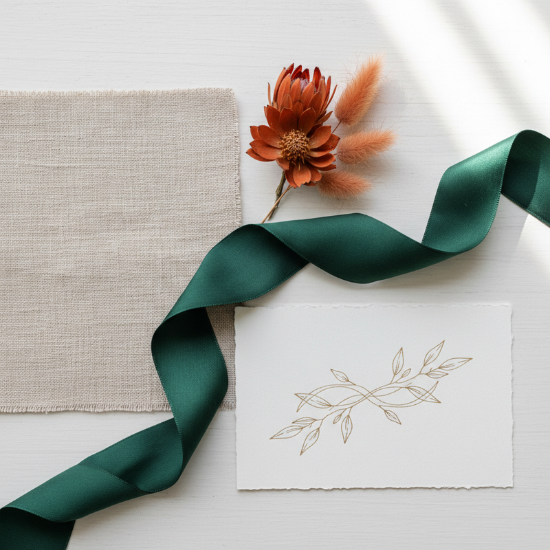 Een flat lay met een zijden lint in smaragdgroen, een stuk linnen in beige, een gedroogd bloemstuk in terracotta en een uitnodigingskaart, die samen een harmonieus bruiloft kleurenpalet vormen.
