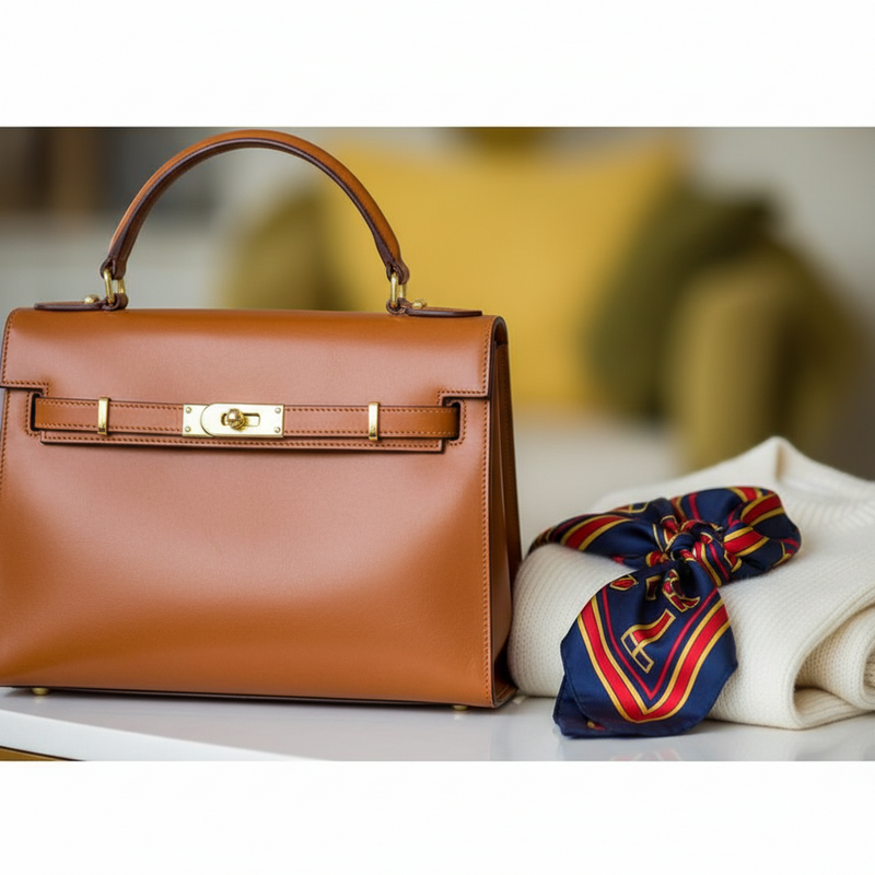 Een close-up van een klassieke bruine leren vintage handtas en een felblauwe zijden sjaal met rood patroon, gecombineerd met een crèmekleurige trui, tegen een zachtgekleurde achtergrond. De afbeelding toont het concept van high-low styling en investeringsstukken in mode.