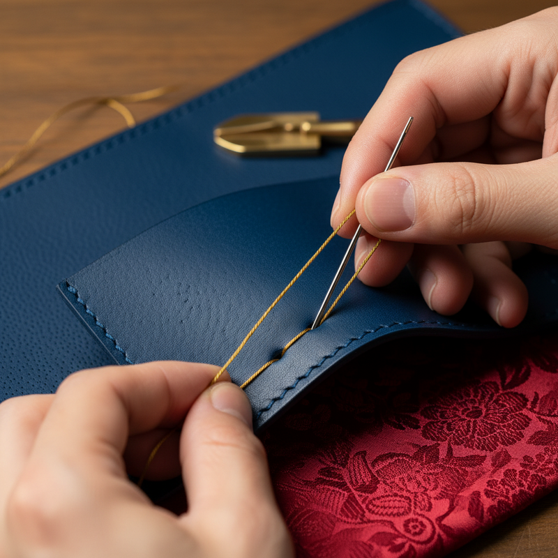 Een close-up van handen die zorgvuldig aan een luxueuze stof of leer werken, wat ambacht en vakmanschap symboliseert.